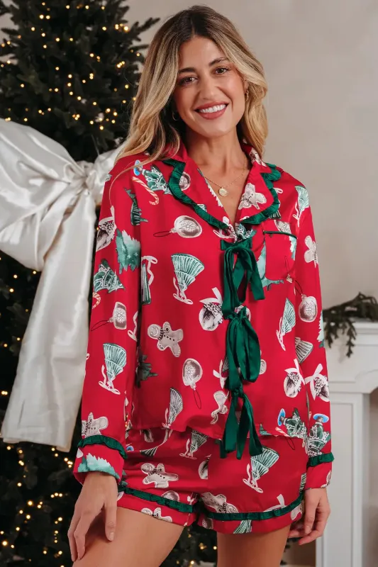 Christmas Contrast Ruffle Trim Ribbon Bow Knot Pyjamas made by eAura