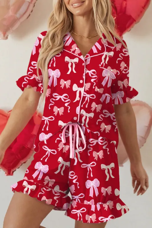 Sweet Bow Print Ruffled Short Sleeve Shirt Shorts Pyjama Set made by eAura