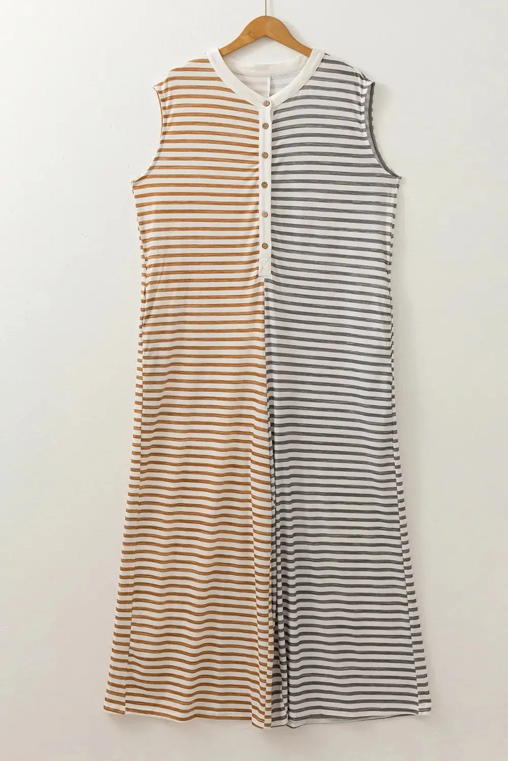 Grey Stripe Plus Size Colour Block Buttoned Sleeveless Wide Leg Jumpsuit sold by eAura