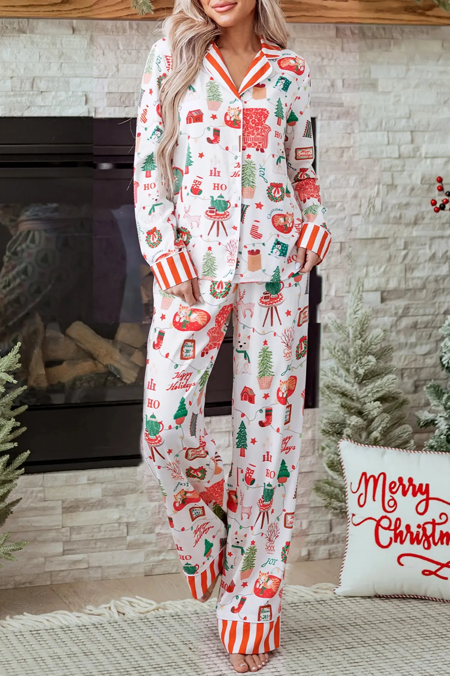 Two-Piece Long Sleeve Lounge Set Holiday Striped Shift sold by eAura