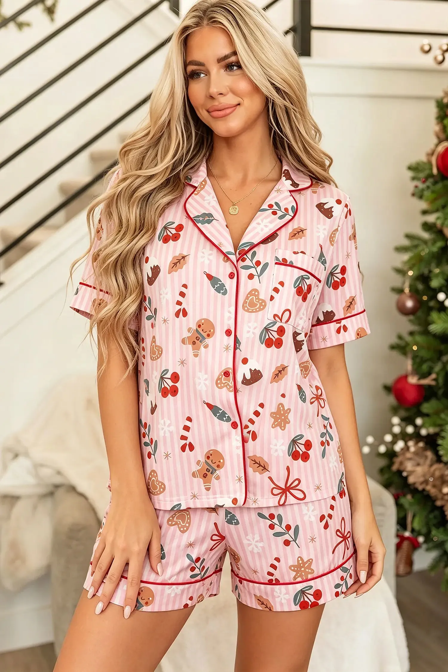 Short Sleeve Two Piece Lounge Set with Abstract Christmas Print sold by eAura product image thumbnail 4