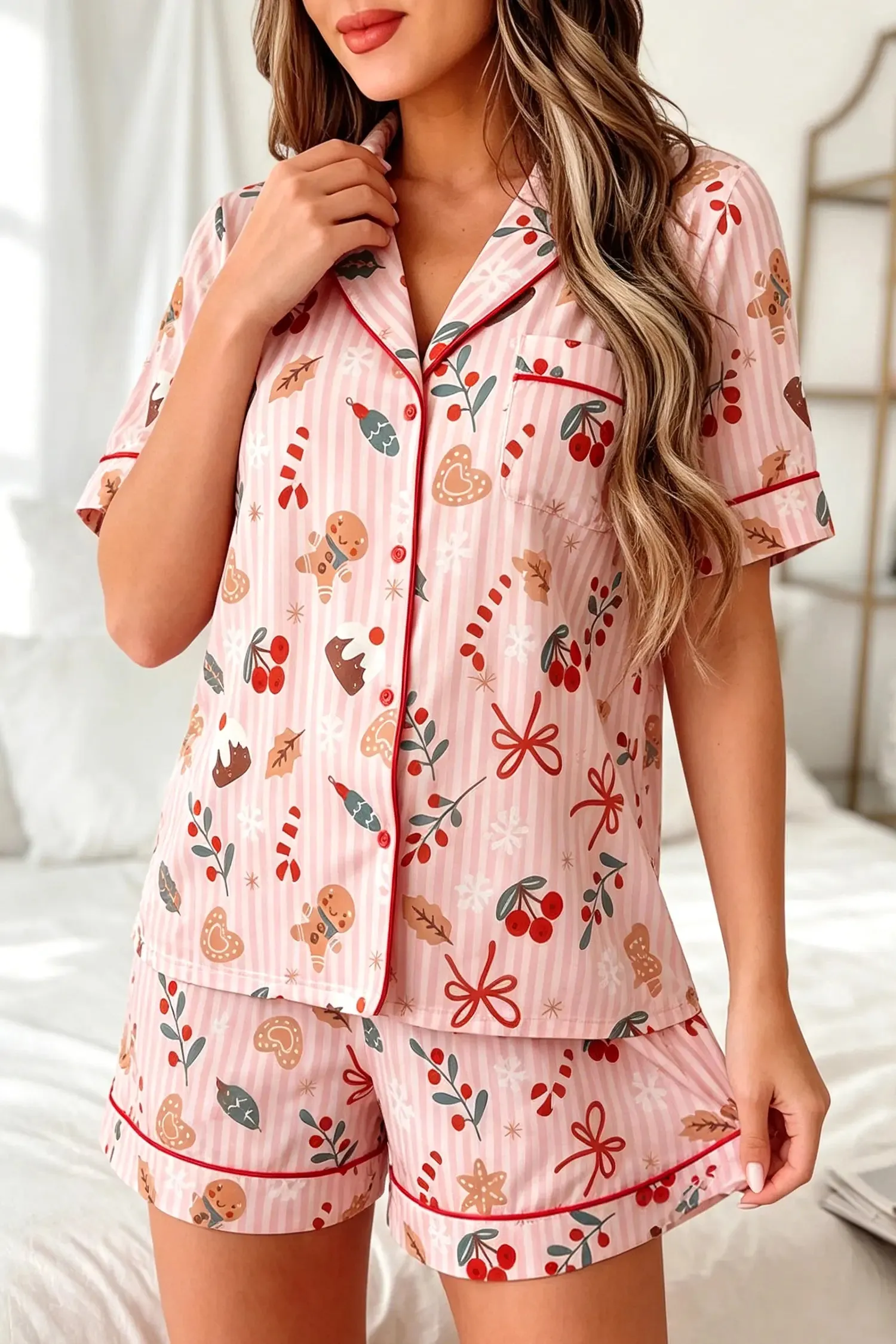 Short Sleeve Two Piece Lounge Set with Abstract Christmas Print sold by eAura