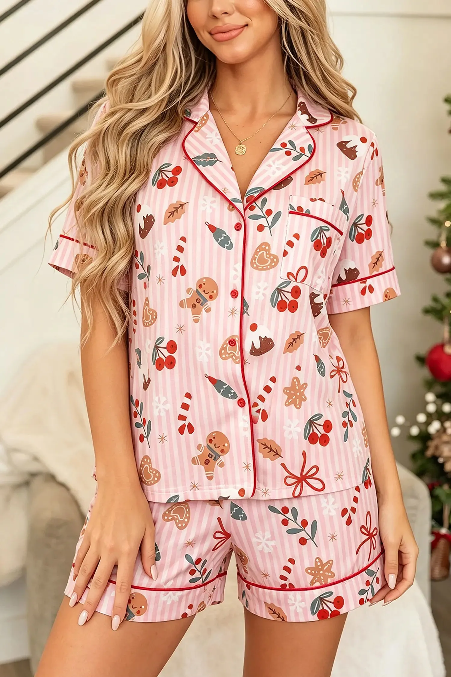 Short Sleeve Two Piece Lounge Set with Abstract Christmas Print sold by eAura product image thumbnail 2