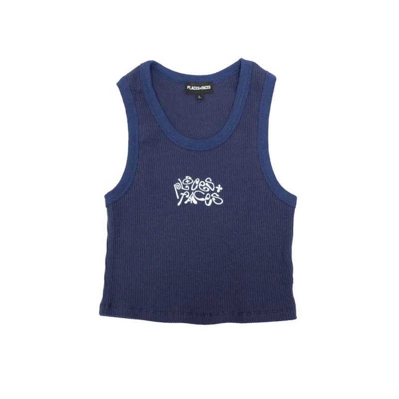 CURLY LOGO CROPPED TANK - NAVY made by Places + Faces