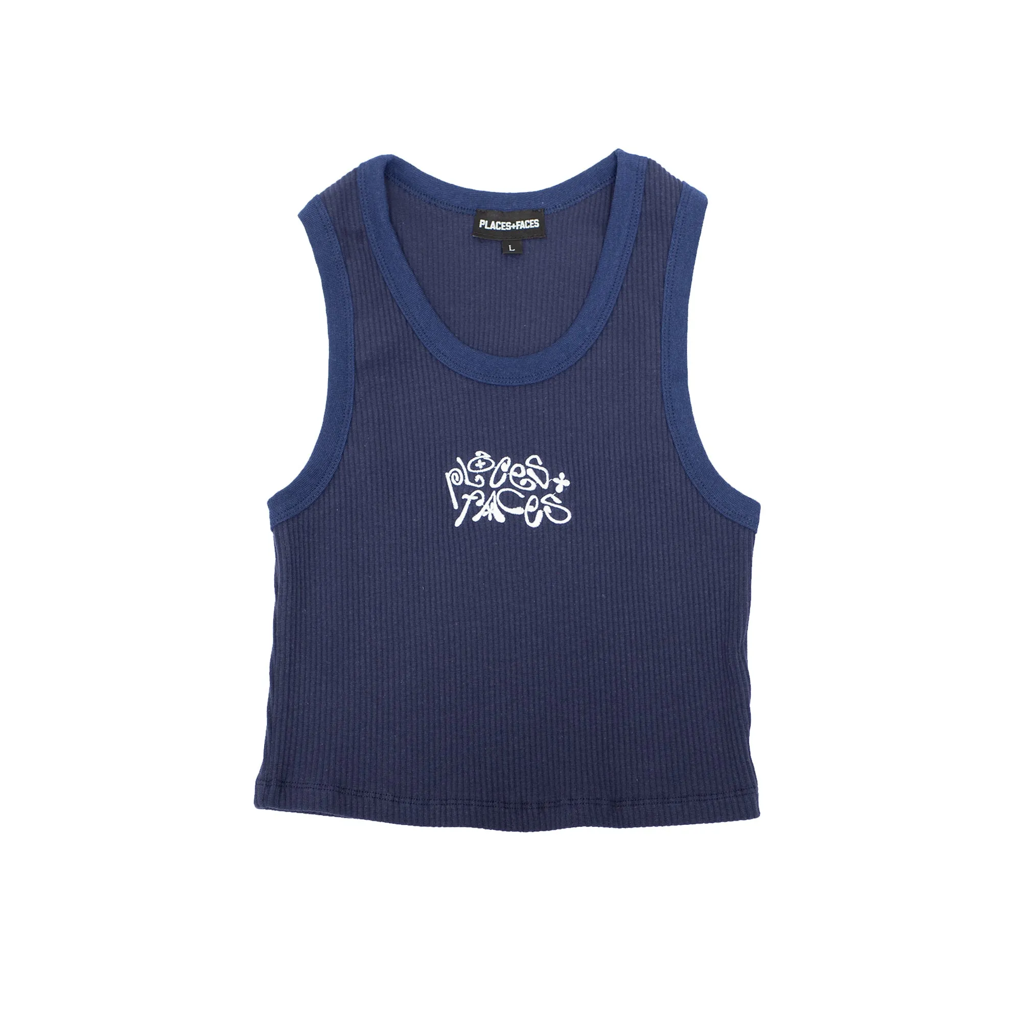 CURLY LOGO CROPPED TANK - NAVY sold by Places + Faces