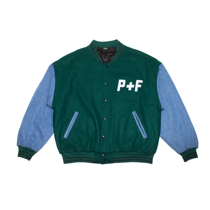 DENIM VARSITY JACKET made by Places + Faces