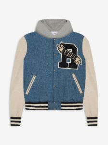 WASHED DENIM HOODED VARSITY JACKET sold by Rhude