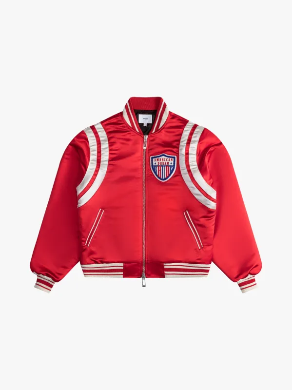 RED SATIN VARSITY JACKET sold by Rhude