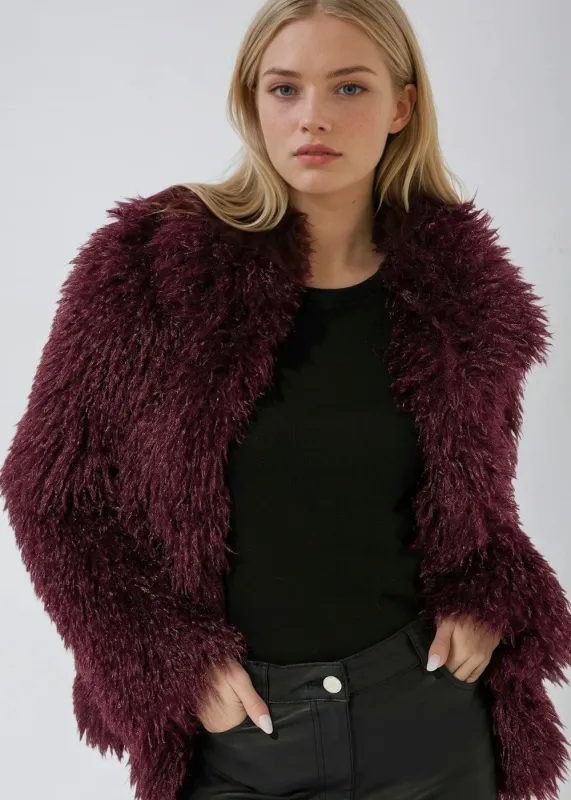 Burgundy Faux Fur Shaggy Jacket sold by Pretty Attitude
