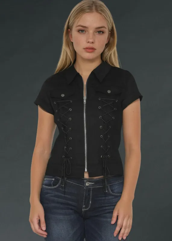 Black Gothic Short Sleeve Top with Lacing Details made by Pretty Attitude