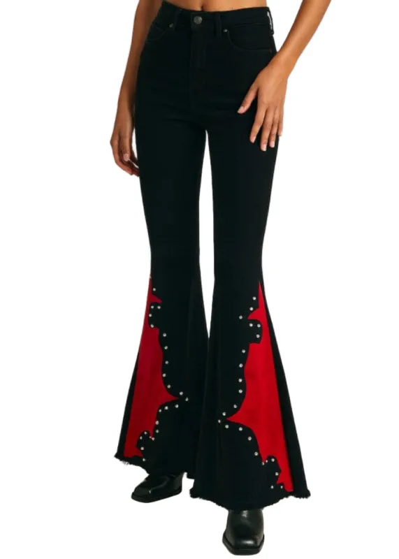 Wild West Studded Bell Bottom Black Red made by Pretty Attitude