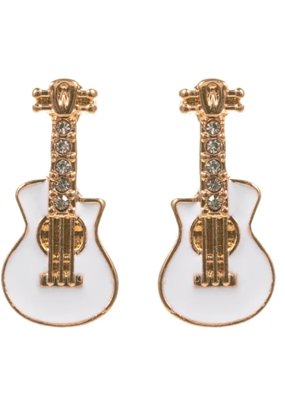 Rockstar White Stone Paved Enamel Guitar Stud Earrings sold by Pretty Attitude