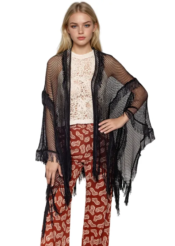 Black Fishnet Kimono with Fringe made by Pretty Attitude