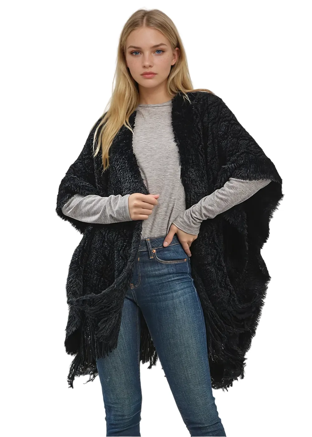 Whole Lotta Love Black Plush Fringe Cardigan sold by Pretty Attitude product image thumbnail 2