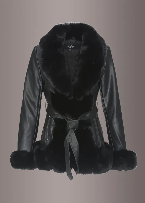 Faux Fur Vegan Leather Jacket with Belt sold by Pretty Attitude