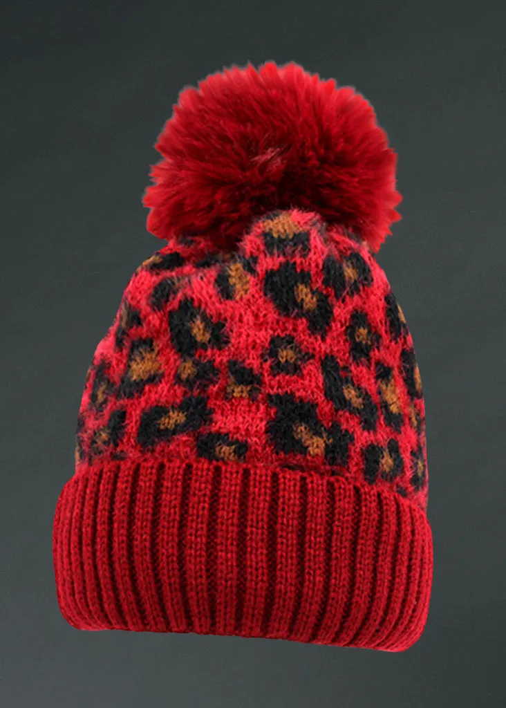 Red Leopard Pom Pom Kat Beanie Hat sold by Pretty Attitude