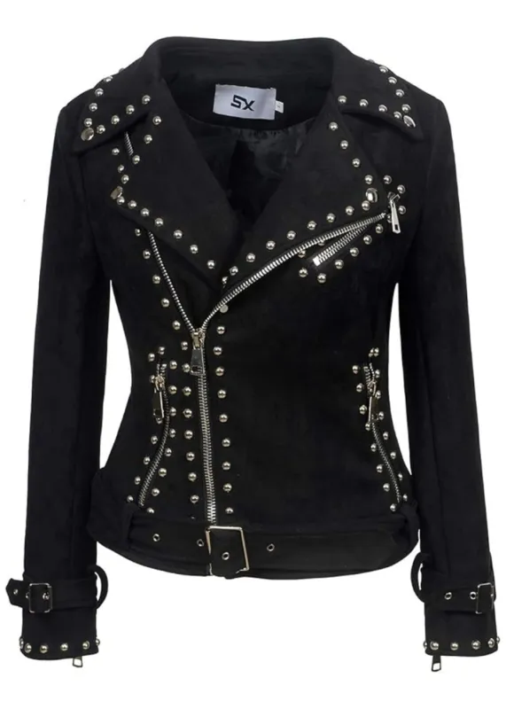 Living After Midnight Black Faux Suede Studded Moto Jacket sold by Pretty Attitude
