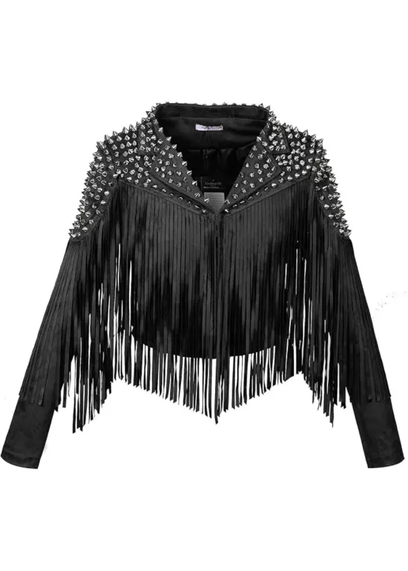 Rock the Fringe Black Studded Fringe Jacket sold by Pretty Attitude