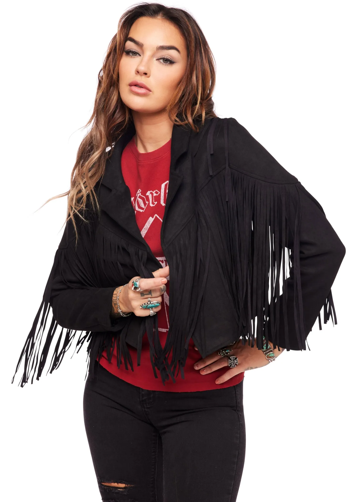 Black Faux Suede Moto Jacket with Fringe sold by Pretty Attitude product image thumbnail 2