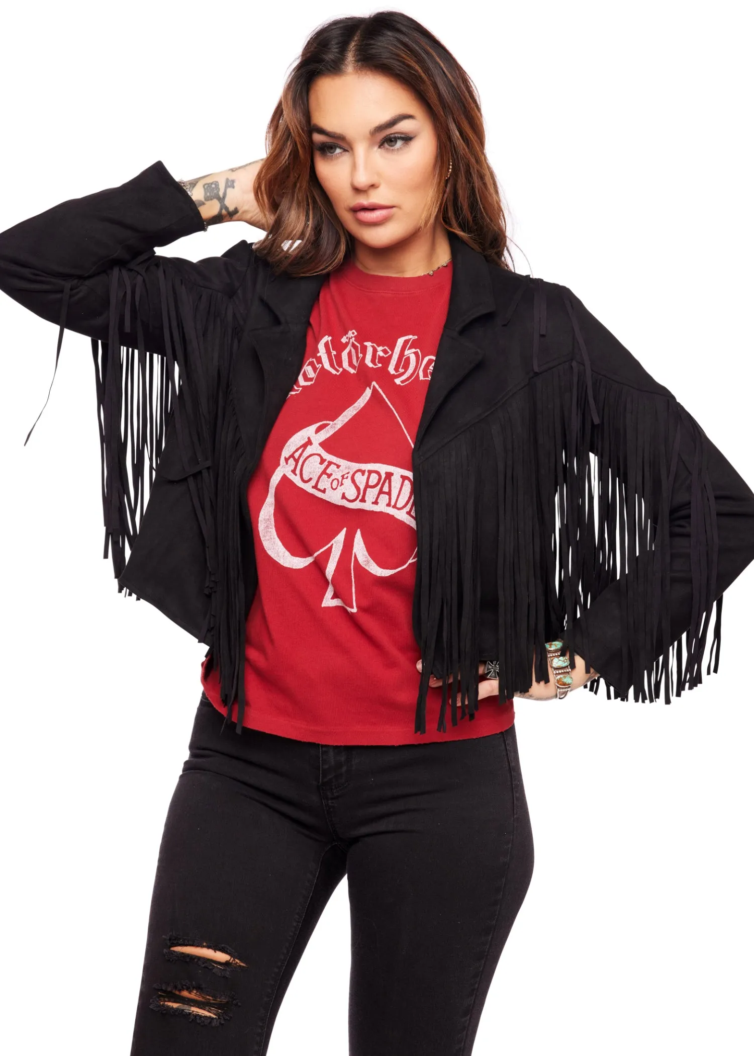 Black Faux Suede Moto Jacket with Fringe sold by Pretty Attitude