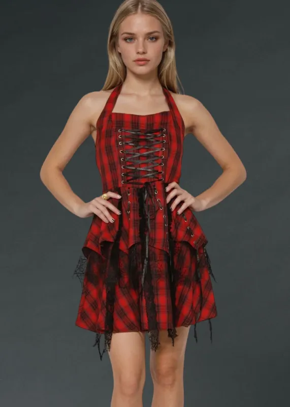 Rebellion Red Plaid Goth Mini Dress With Corset Lacing sold by Pretty Attitude