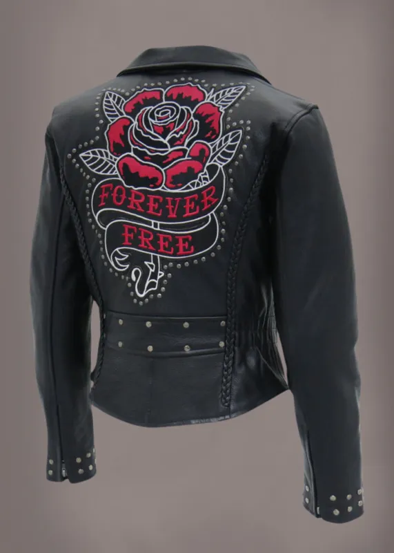 Forever Free Embroidered Rose Leather Motorcycle Biker Jacket sold by Pretty Attitude