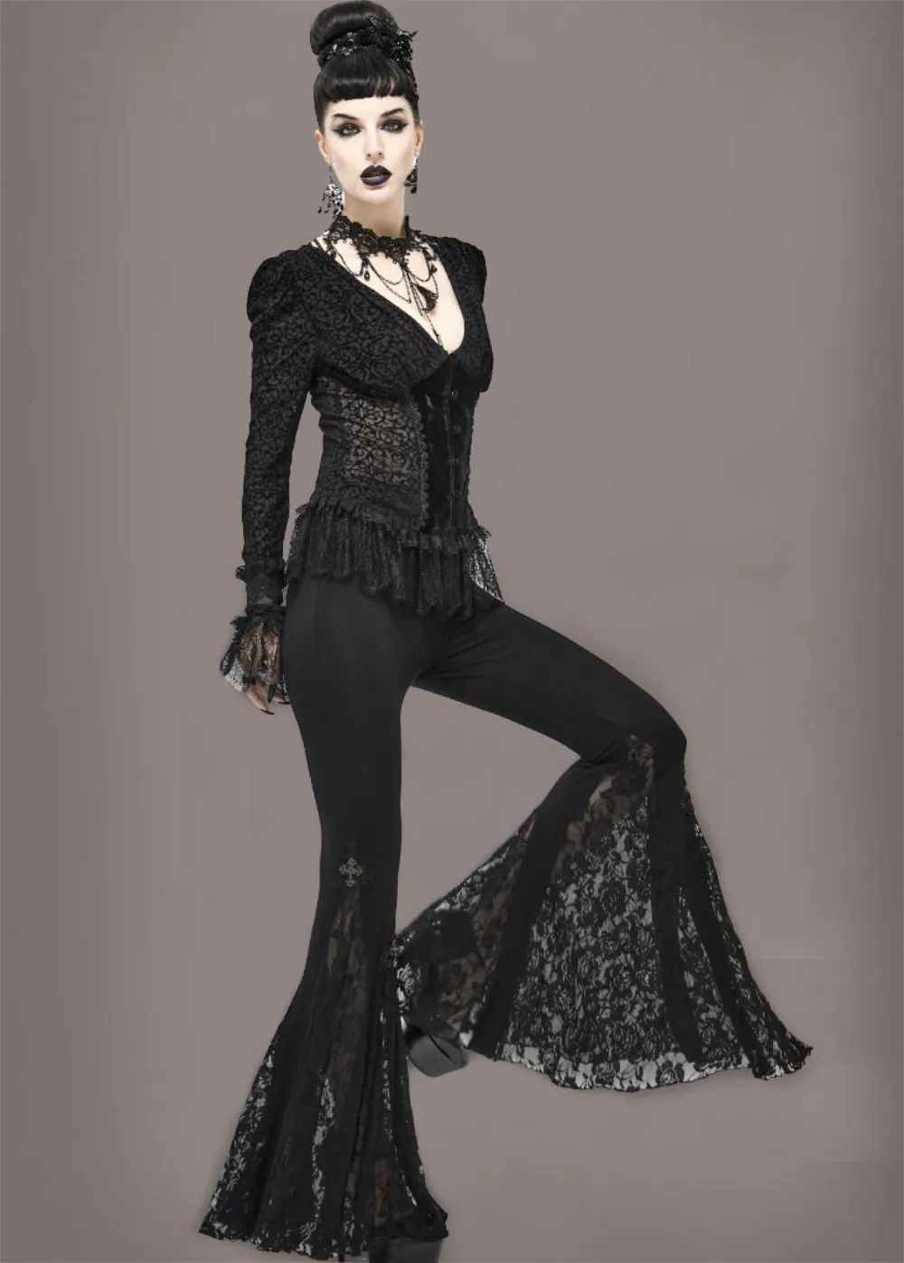 Black Lace Gothic Bell Bottom Pants sold by Pretty Attitude product image thumbnail 3