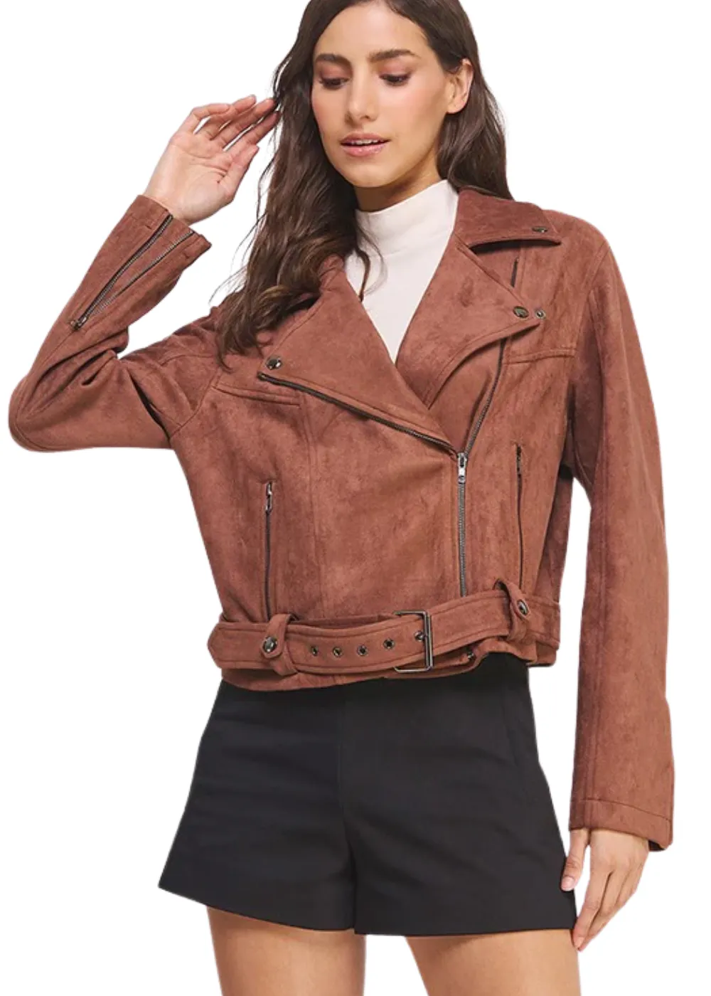 Highway Honey BELTED LONG SLEEVE SUEDE MOTO JACKET sold by Pretty Attitude product image thumbnail 3