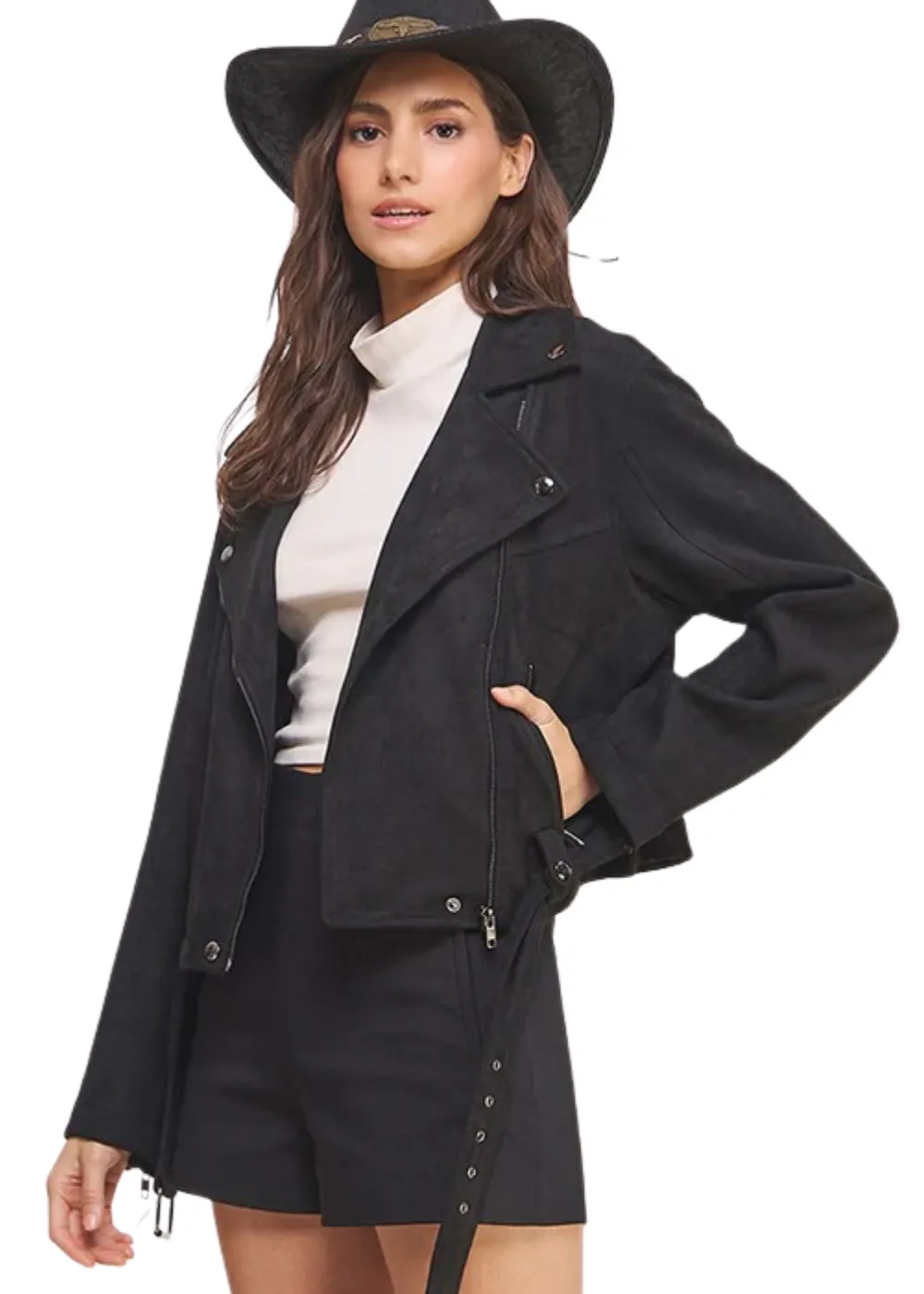 Highway Honey BELTED LONG SLEEVE SUEDE MOTO JACKET sold by Pretty Attitude