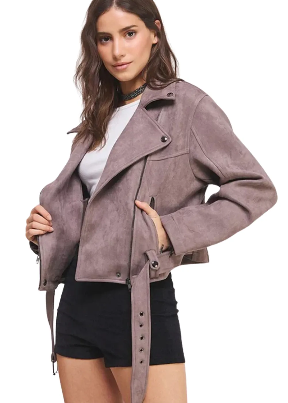 Highway Honey BELTED LONG SLEEVE SUEDE MOTO JACKET sold by Pretty Attitude product image thumbnail 2