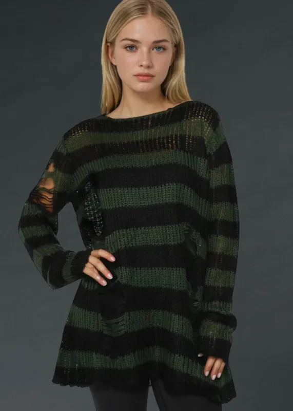 Black and Green Striped Oversized Distressed Knit Sweater made by Pretty Attitude