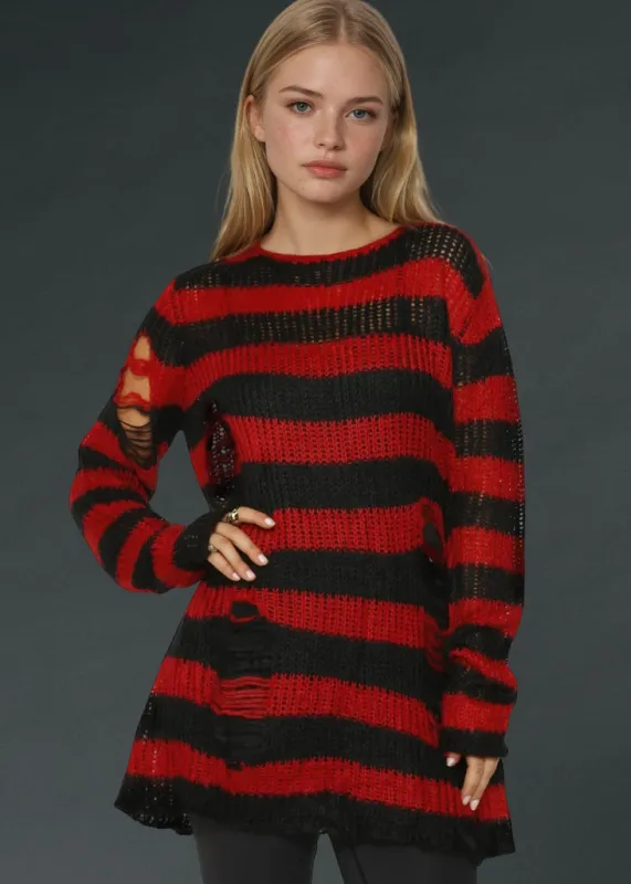 Black and Red Striped Oversized Distressed Knit Sweater sold by Pretty Attitude