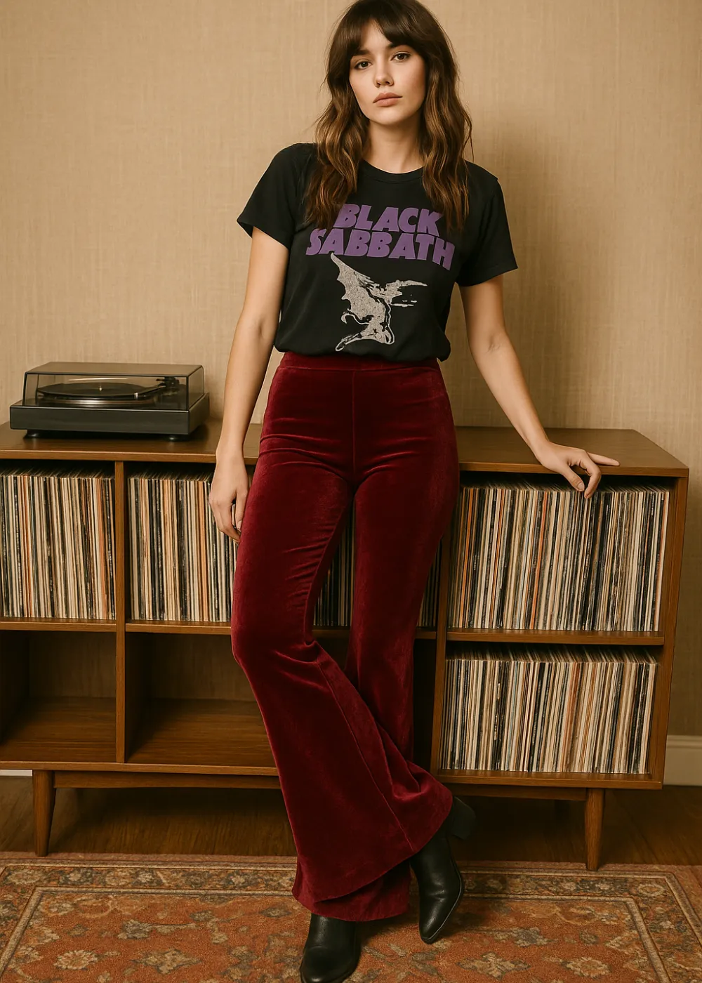 Burgundy Red Velvet Bell Bottom Flare Pants sold by Pretty Attitude product image thumbnail 3