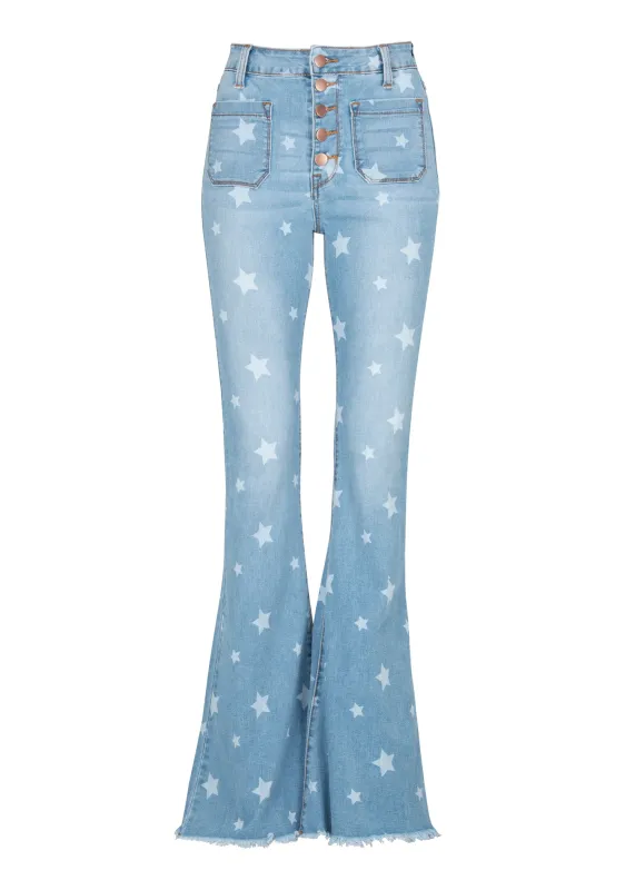 BLUE DENIM STAR PRINT FLARED JEANS WITH FRAYED HEM sold by Pretty Attitude