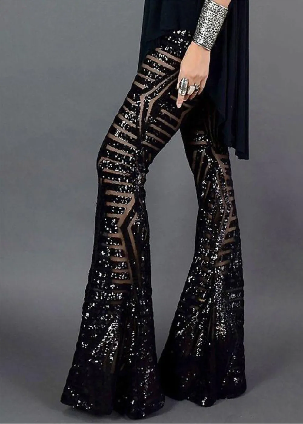 Black Sequin Flare Pants Sparkling Bell Bottoms sold by Pretty Attitude