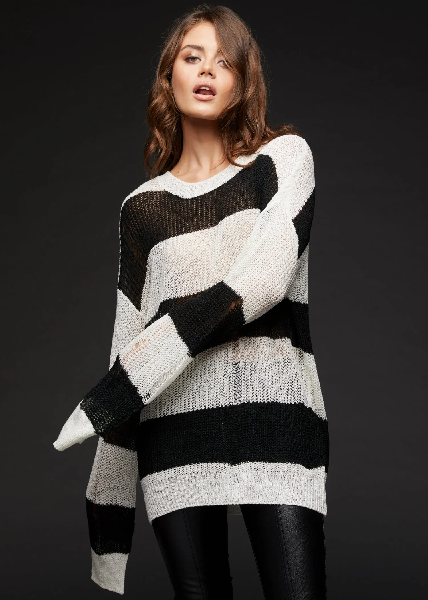 Line Up Black and White Striped Distressed Knit Sweater sold by Pretty Attitude product image thumbnail 3