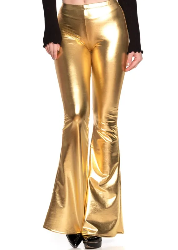 Gold Faux Leather Bell Bottoms Metallic Flare Pants sold by Pretty Attitude
