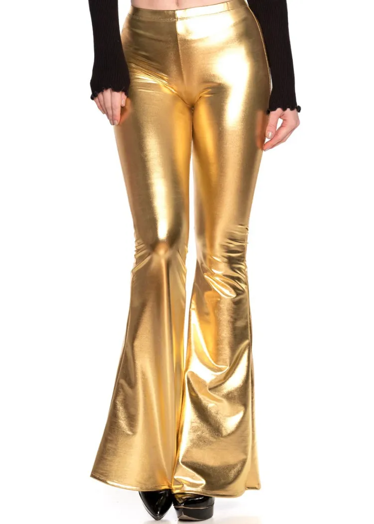 Gold Faux Leather Bell Bottoms Metallic Flare Pants sold by Pretty Attitude