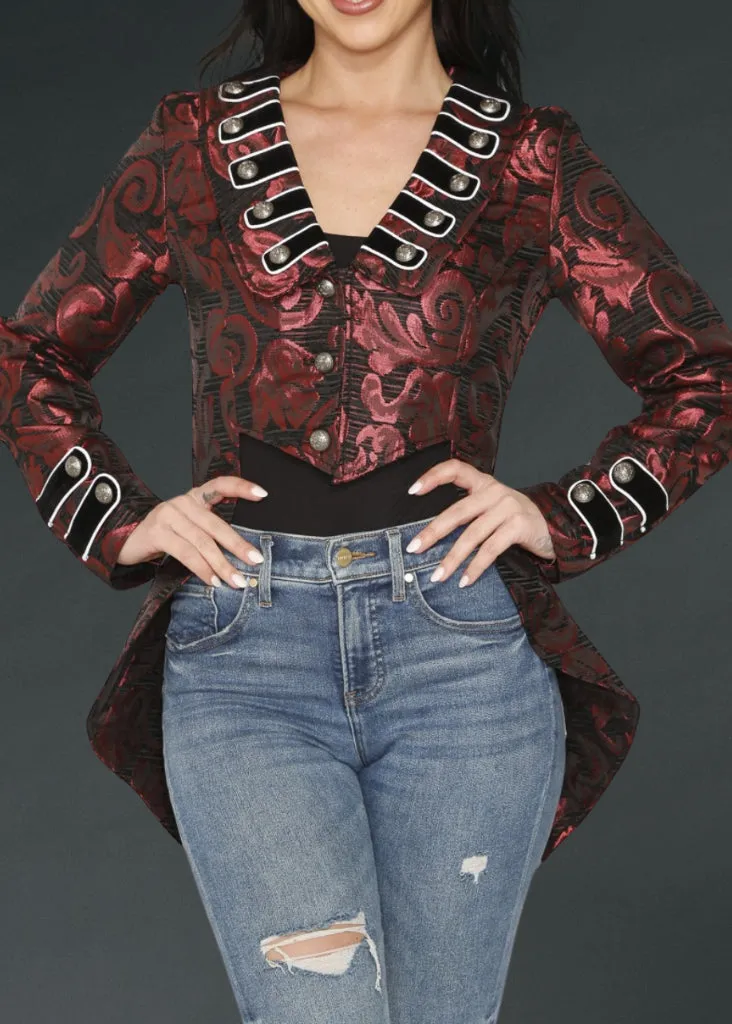 Red Brocade Steampunk Tailcoat sold by Pretty Attitude