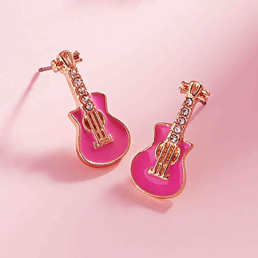 Rockstar Pink Stone Paved Enamel Guitar Stud Earrings sold by Pretty Attitude product image thumbnail 2