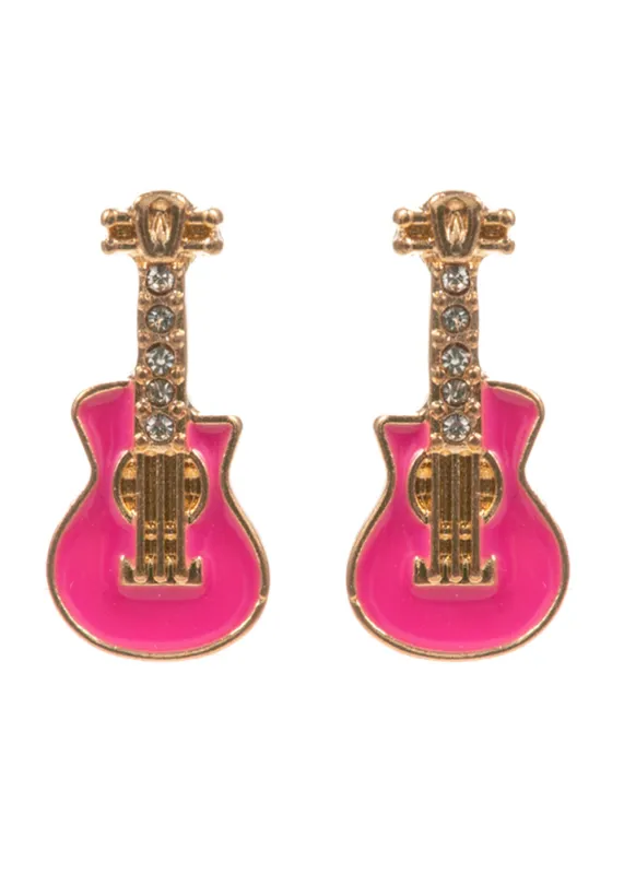 Rockstar Pink Stone Paved Enamel Guitar Stud Earrings sold by Pretty Attitude