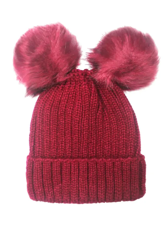 Burgundy Double Pom Beanie Hat sold by Pretty Attitude
