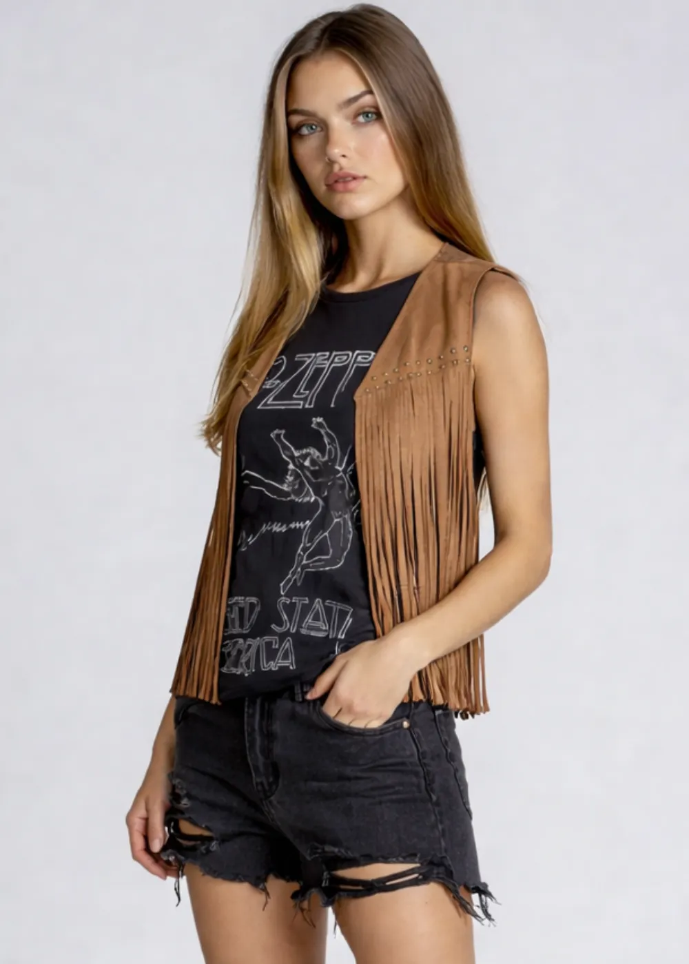 Brown Faux Suede Western Fringe Vest sold by Pretty Attitude product image thumbnail 2