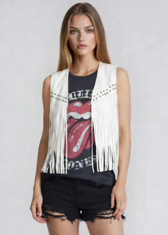 White Faux Suede Western Fringe Vest sold by Pretty Attitude