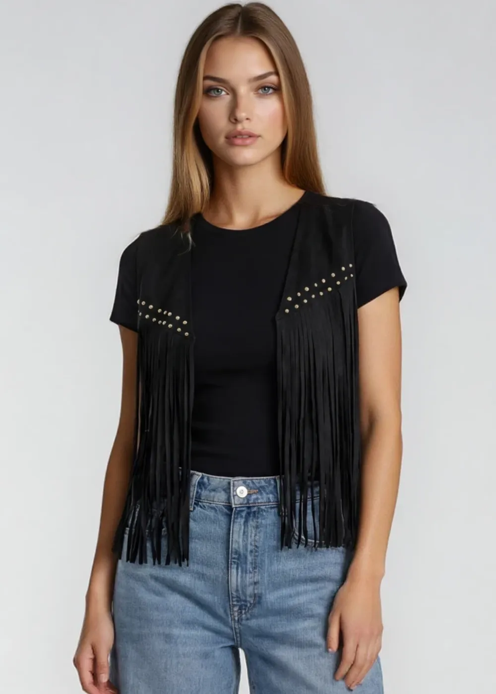 Black Faux Suede Western Fringe Vest sold by Pretty Attitude