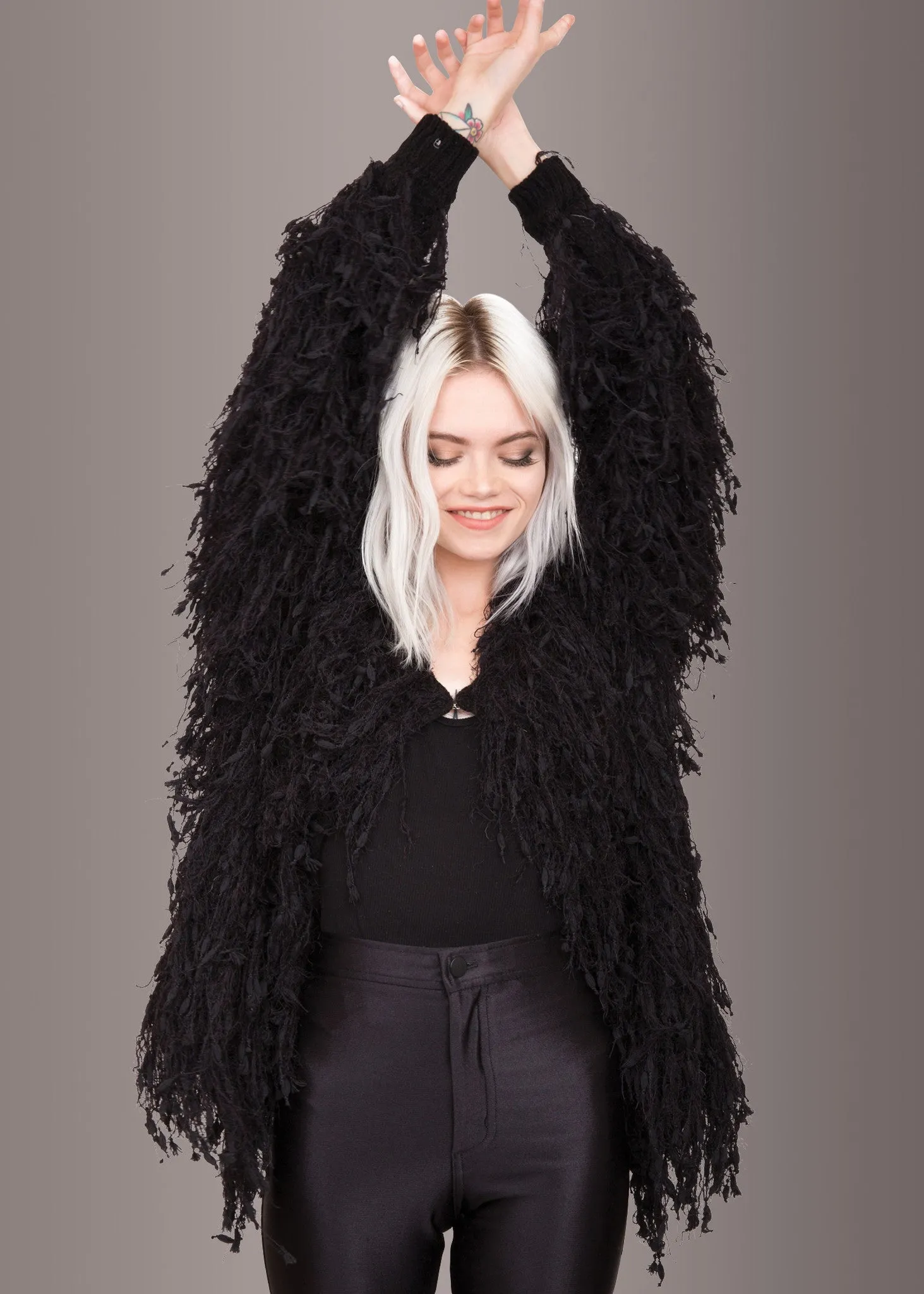 Fab Fringe Black Shaggy Open Jacket sold by Pretty Attitude