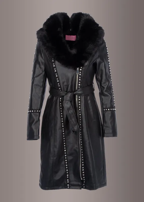 Studded Vegan Leather Coat with Faux Fur Lining made by Azalea Wang