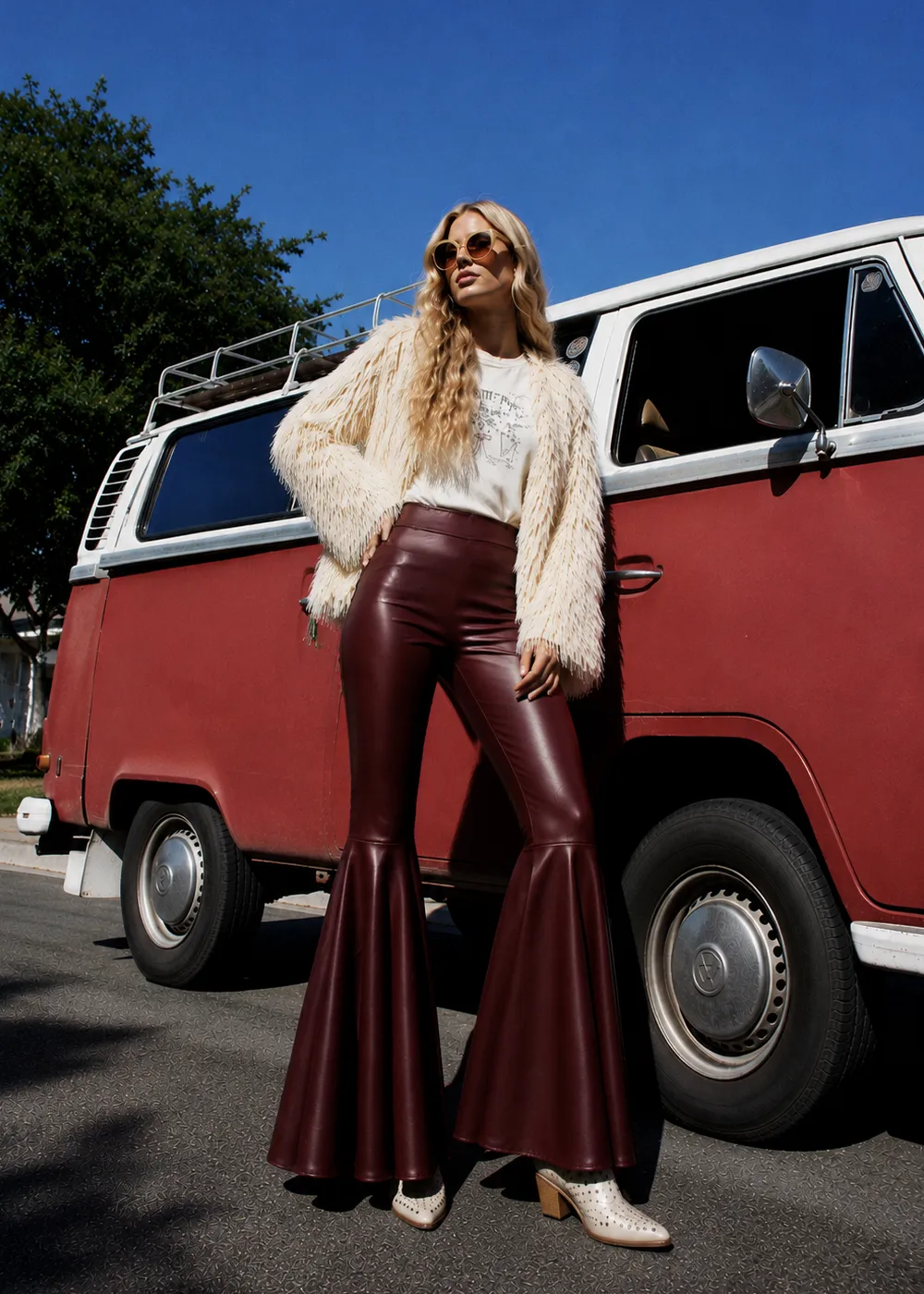 Burgundy Faux Leather Bell Bottom Flare Pants sold by Pretty Attitude product image thumbnail 4