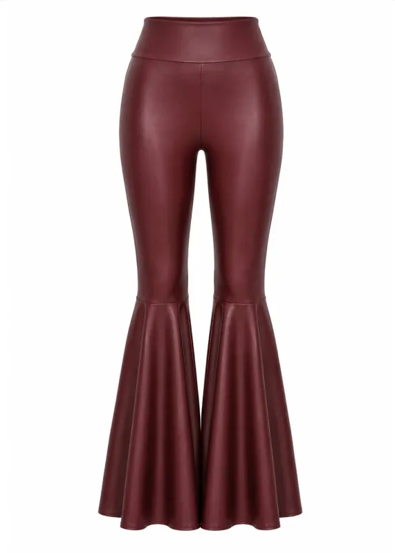 Burgundy Faux Leather Bell Bottom Flare Pants made by Pretty Attitude