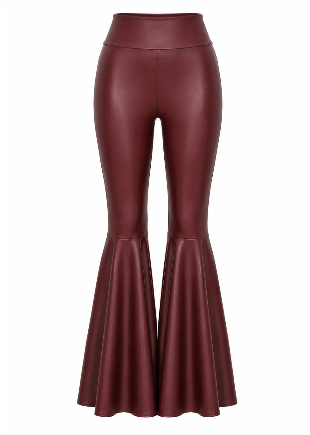Burgundy Faux Leather Bell Bottom Flare Pants sold by Pretty Attitude